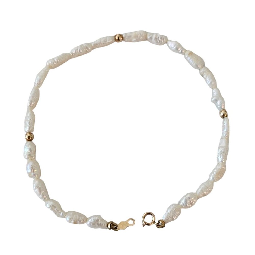 14K Yellow Gold Knotted Rice Pearl Bracelet 8” Long,  L177